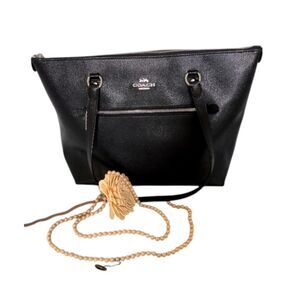 Coach Women's Cross grain Leather Signature Monogram Tote Handbag, Black, used